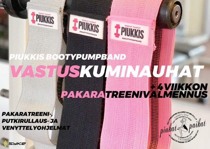 PIUKKIS BootyPumpBand -vastuskuminauhasetti (3kpl) ja pakaratreenivalmennus PIUKKIS BootyPumpBand -vastuskuminauhasetti (3kpl) ja pakaratreenivalmennus